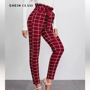 SHEIN Red and White Ankle Cropped Pants with Paper Bag Waist